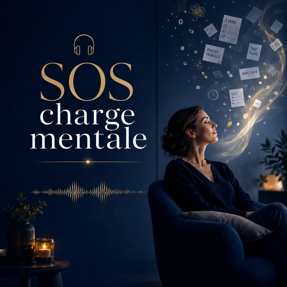 Illustration de l'audio SOS charge mentale, une femme qui relâche la surcharge intérieure dans une ambiance calme